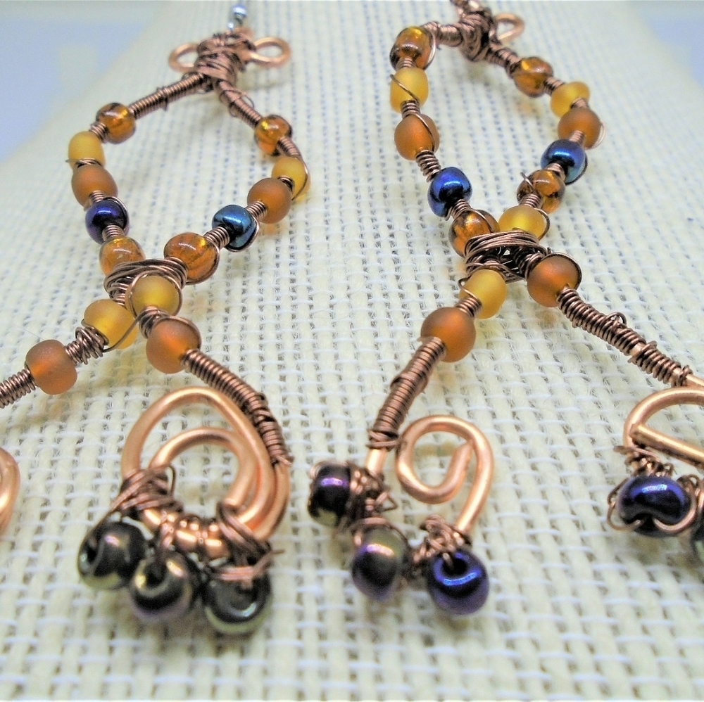 Wrapped Copper Wire And Beaded Dangling Earrings. - image 1